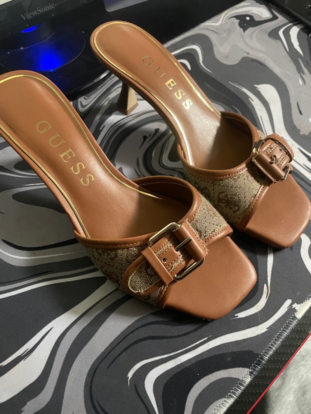 GUESS Tan & Brown Monogram Buckle Slide Heels